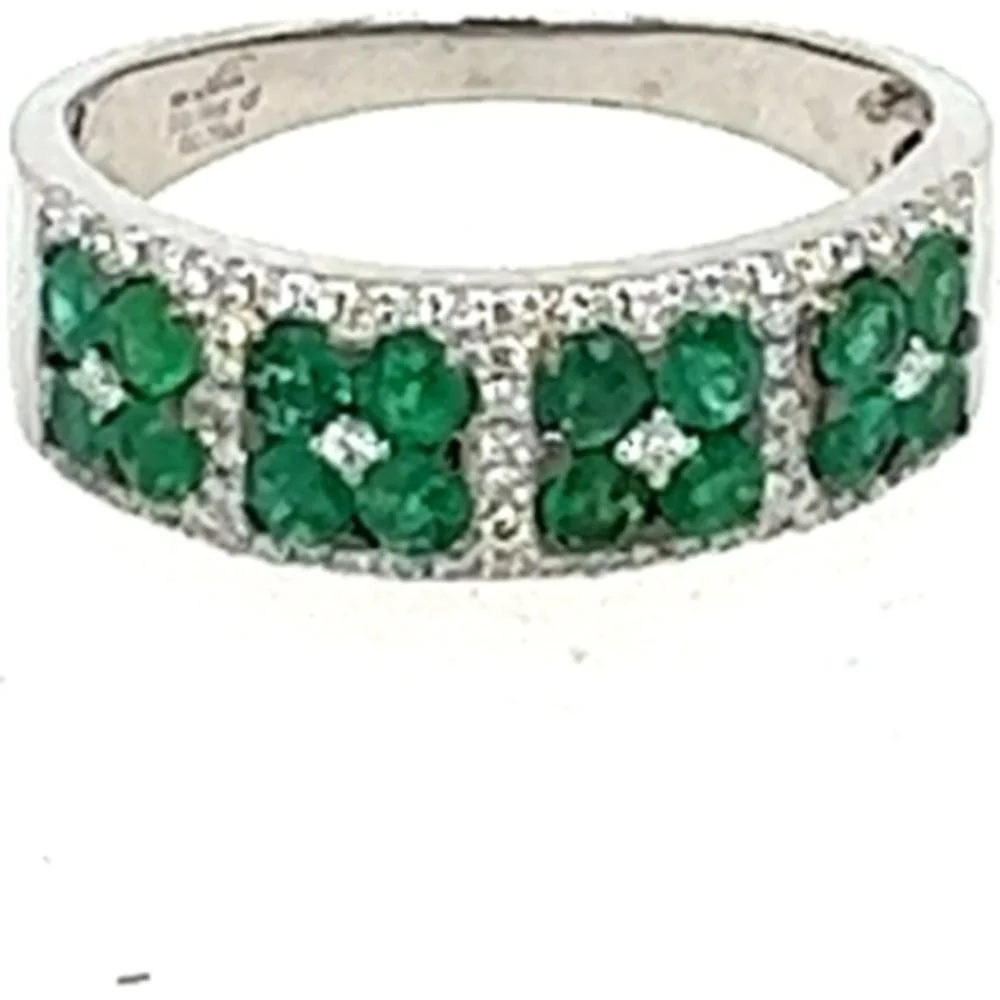 18K White Gold Floral Band Ring with Emeralds and Diamond Accents by Afarin