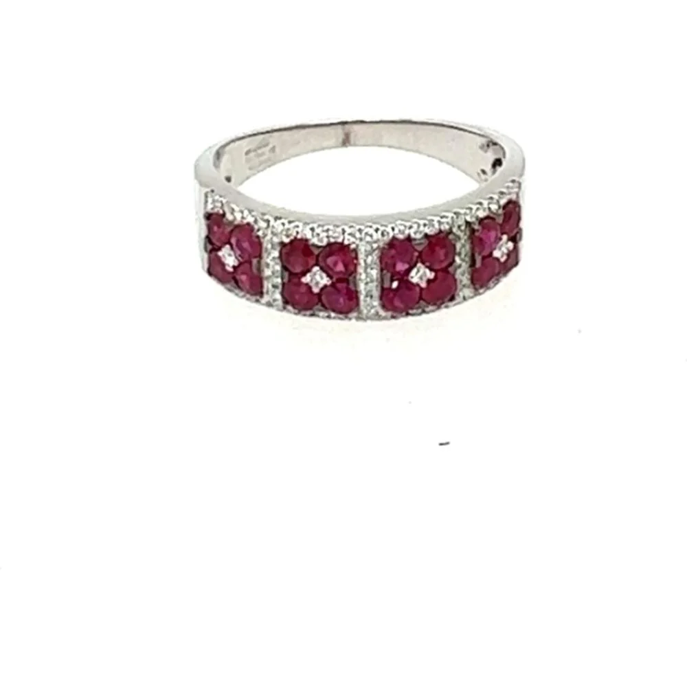 18K White Gold Floral Band Ring with Round Rubies and Diamond Accents by Afarin