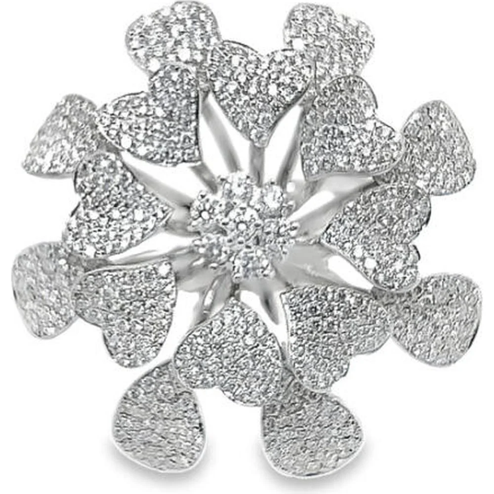 18K White Gold Floral Diamond Ring with Heart Motif Pavé Design by Afarin