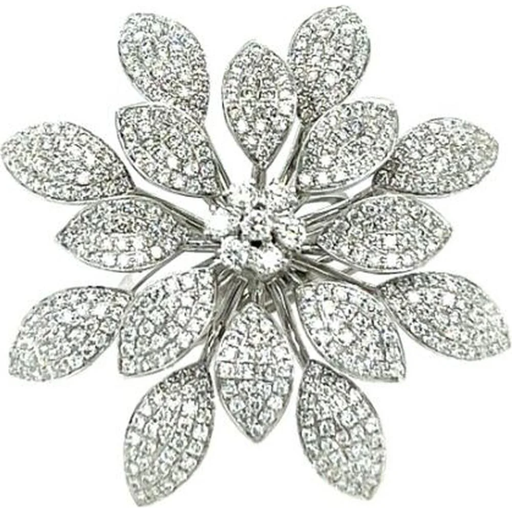 18K White Gold Floral Diamond Ring with Pavé Marquise Petals and Round Diamond Cluster Center by Afarin