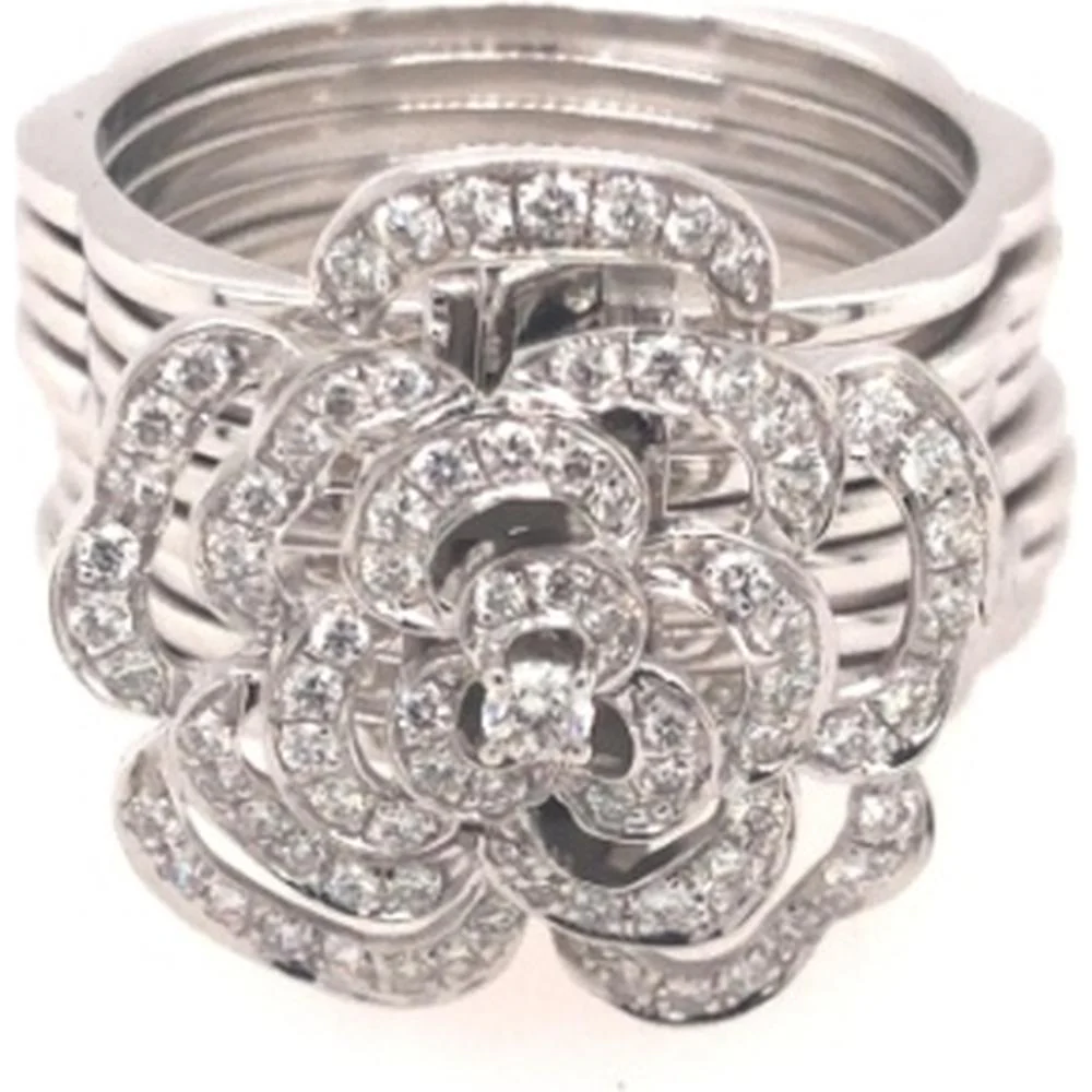 18K White Gold Floral Diamond Statement Ring with Layered Bloom Design by Afarin
