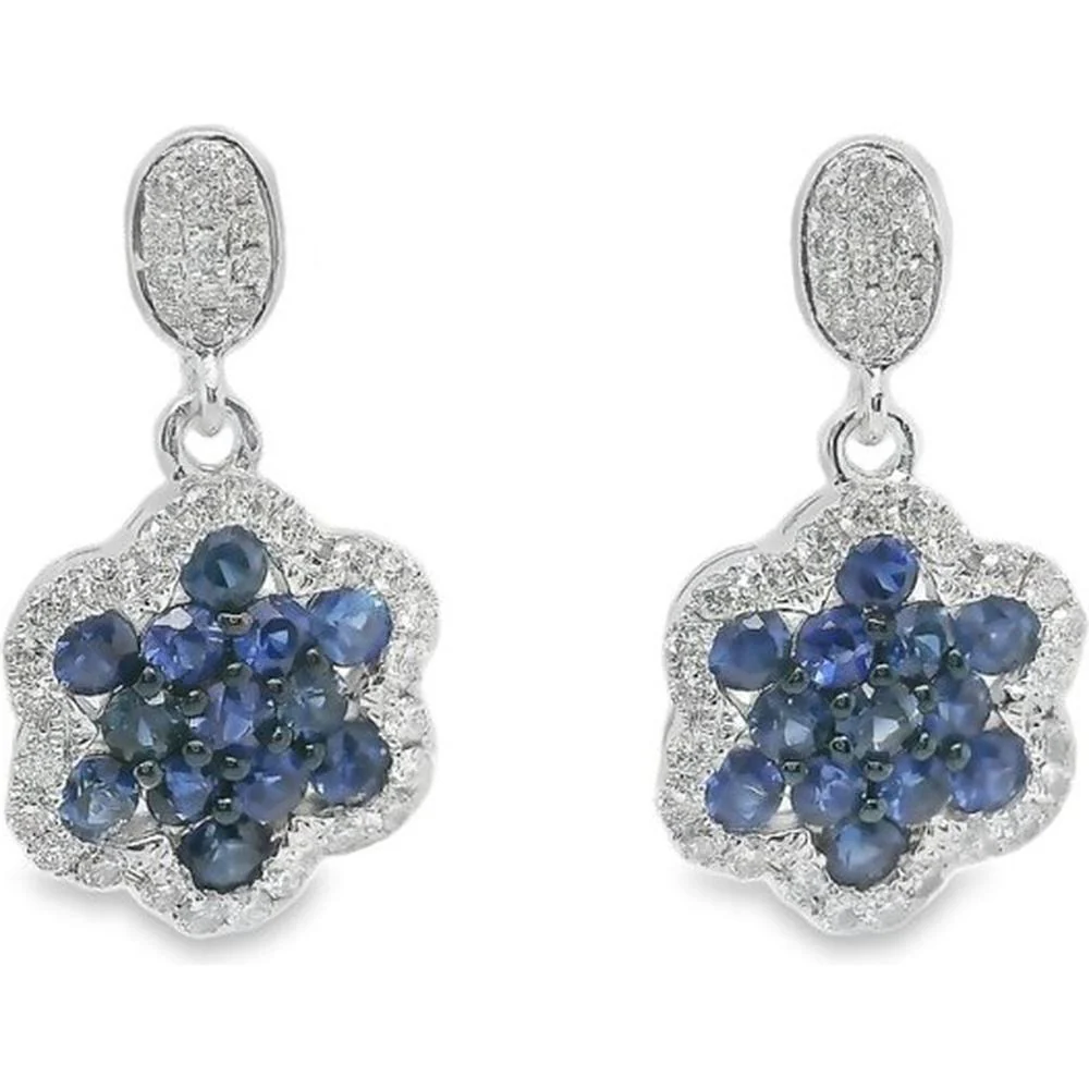 18K White Gold Floral Drop Earrings with Blue Sapphires and Diamond Halo Accents by Afarin