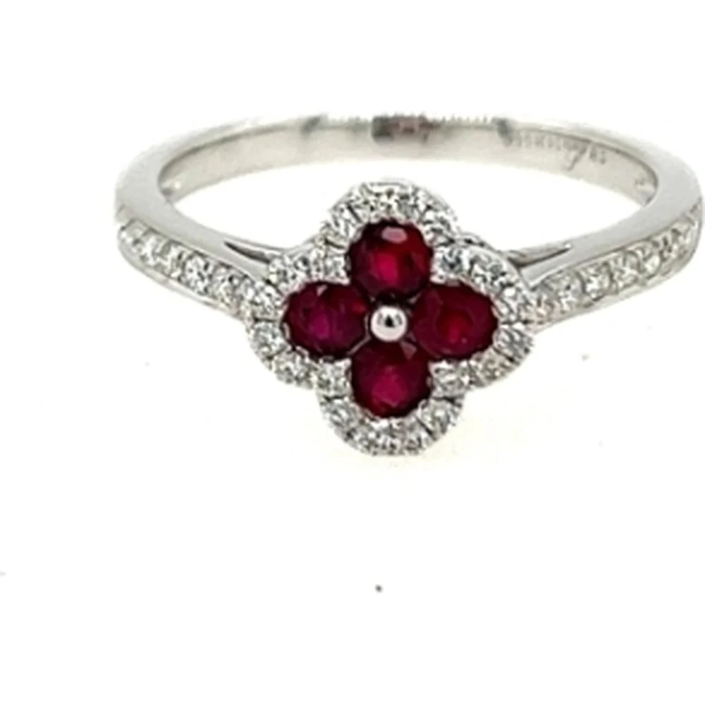 18K White Gold Floral Halo Ring with Round Rubies and Diamond Accents by Afarin