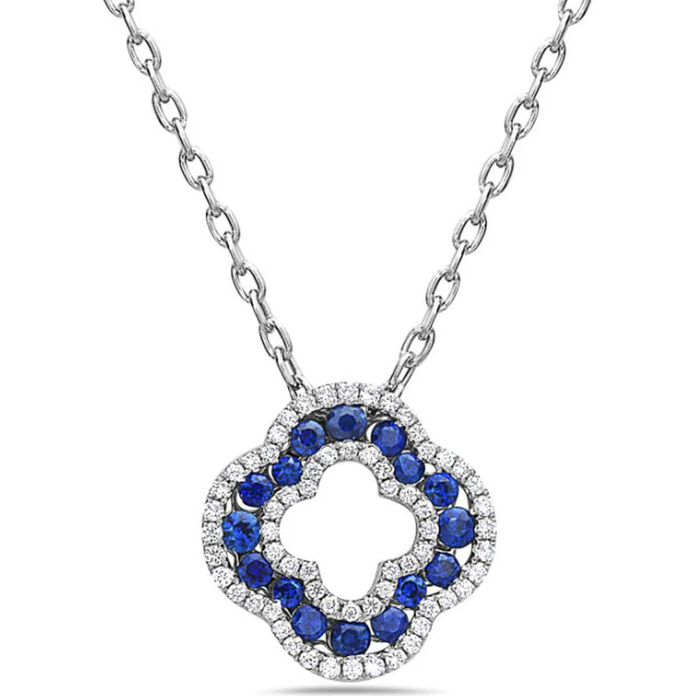 18K White Gold Floral Motif Pendant with Blue Sapphires and Diamond Halo by Afarin