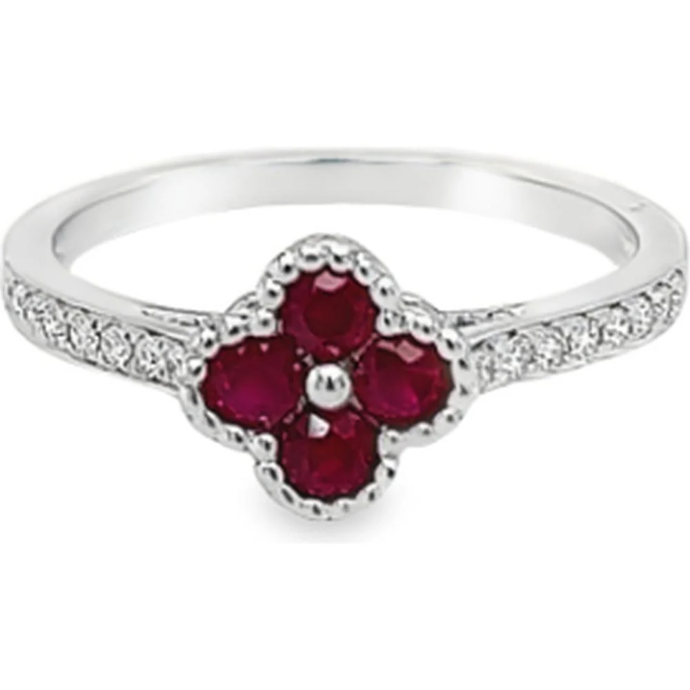 18K White Gold Floral Motif Ring with Round Rubies and Diamond Accents by Afarin