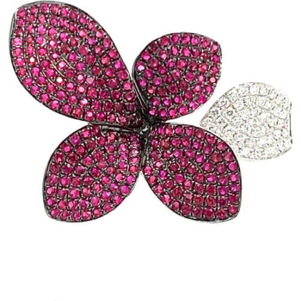 18K White Gold Floral Ring with Round Rubies and Diamond Accent by Afarin