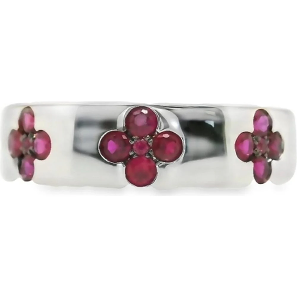 18K White Gold Floral Ruby Ring with Three Flower Motifs by Afarin