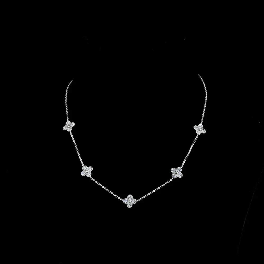 18K White Gold Floral Station Necklace with Bezel and Prong Set Round Lab Diamonds - 1.69 Carat Total Diamond Weight - Covaloro Fine Jewelry