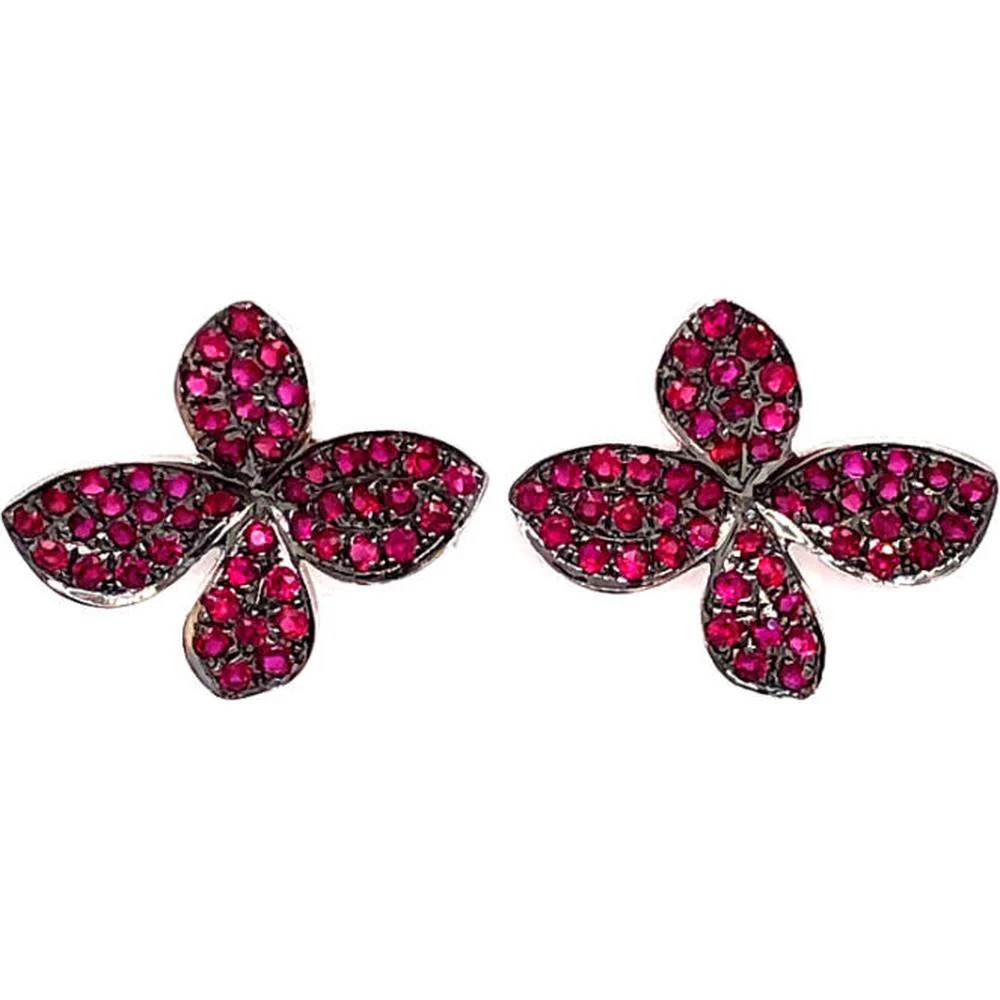 18K White Gold Floral Stud Earrings with Ruby Accents by Afarin