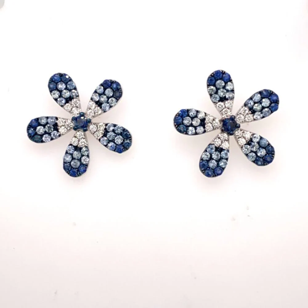 18K White Gold Flower Earrings with Blue Sapphires and Diamonds by Afarin