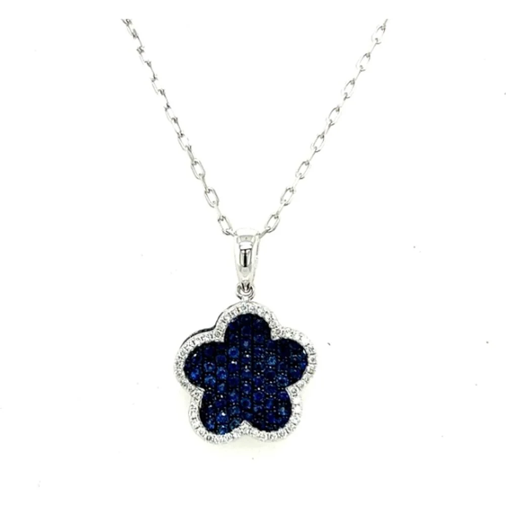 18K White Gold Flower Pendant Necklace with Blue Sapphires and Diamond Halo by Afarin