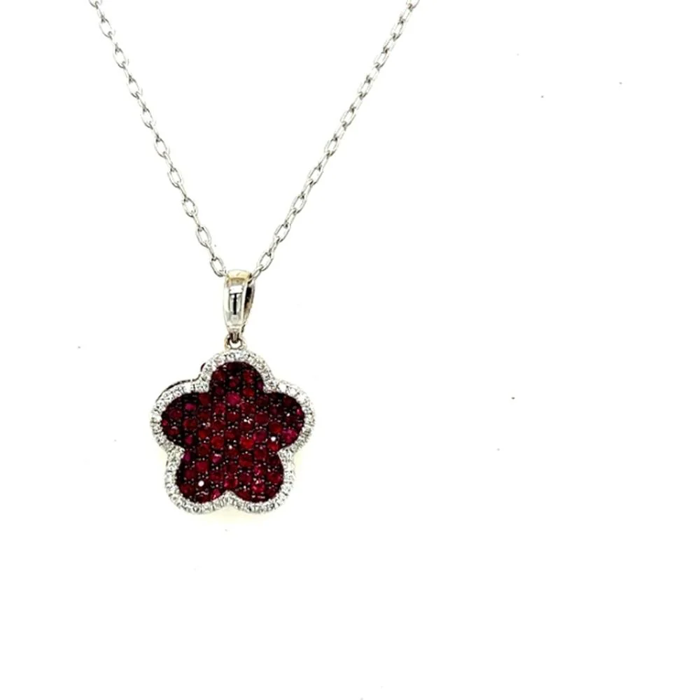 18K White Gold Flower Pendant with Clustered Rubies and Diamond Halo by Afarin