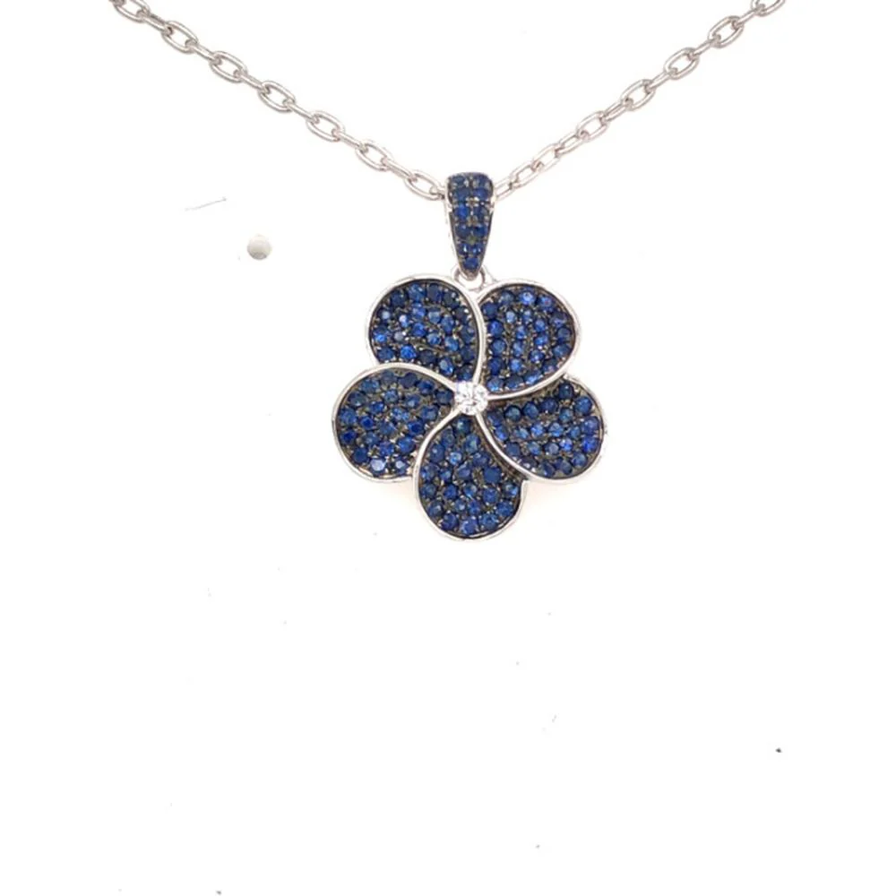 18K White Gold Flower Pendant with Pavé Blue Sapphires and Center Diamond by Afarin