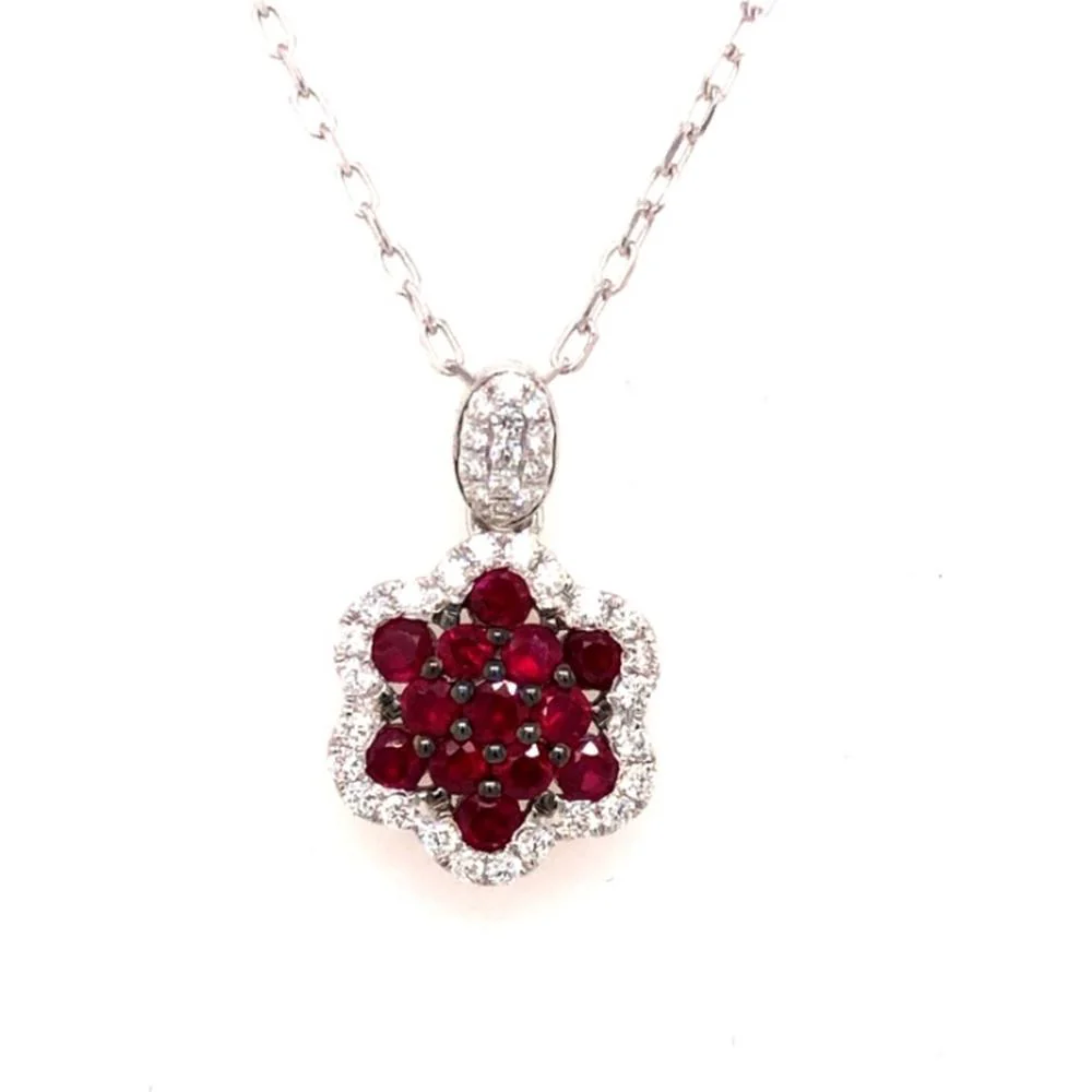 18K White Gold Flower Pendant with Round Rubies and Diamond Halo by Afarin