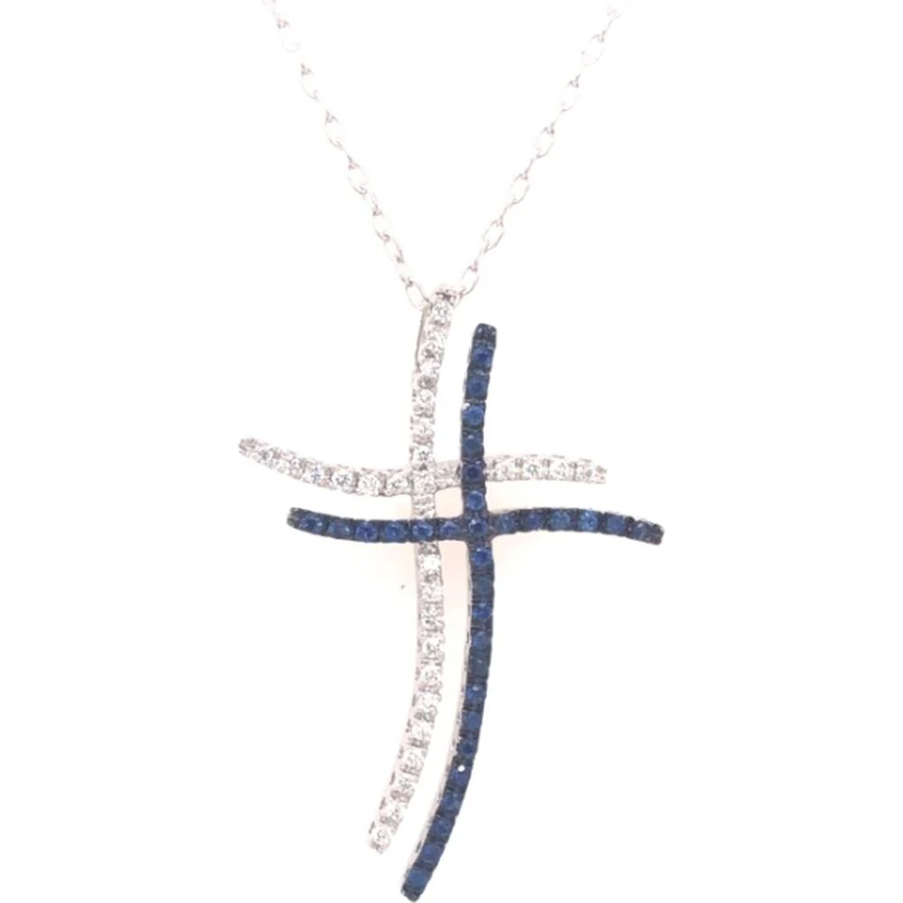 18K White Gold Free-Form Cross Pendant with White Diamonds and Blue Sapphires by Afarin
