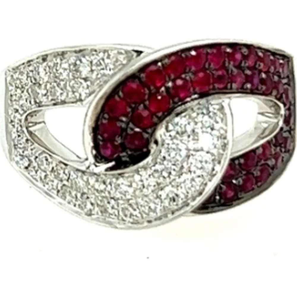 18K White Gold Free Form Crossover Ring with Diamonds and Rubies by Afarin
