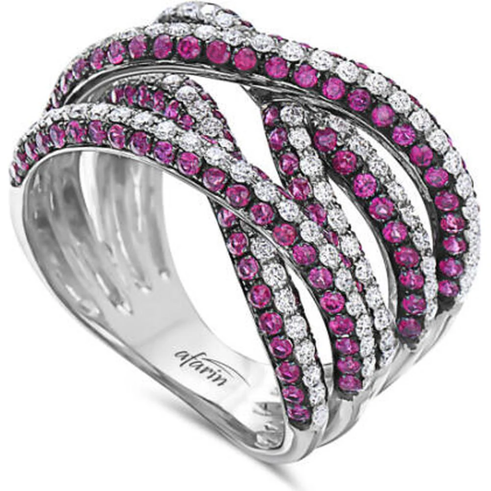 18K White Gold Free Form Crossover Ring with Round Rubies and White Diamonds by Afarin