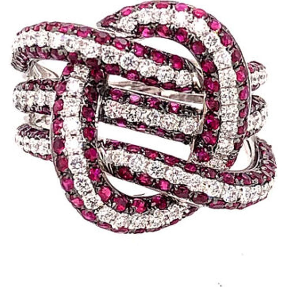 18K White Gold Free Form Ring with Round Diamonds and Rubies by Afarin