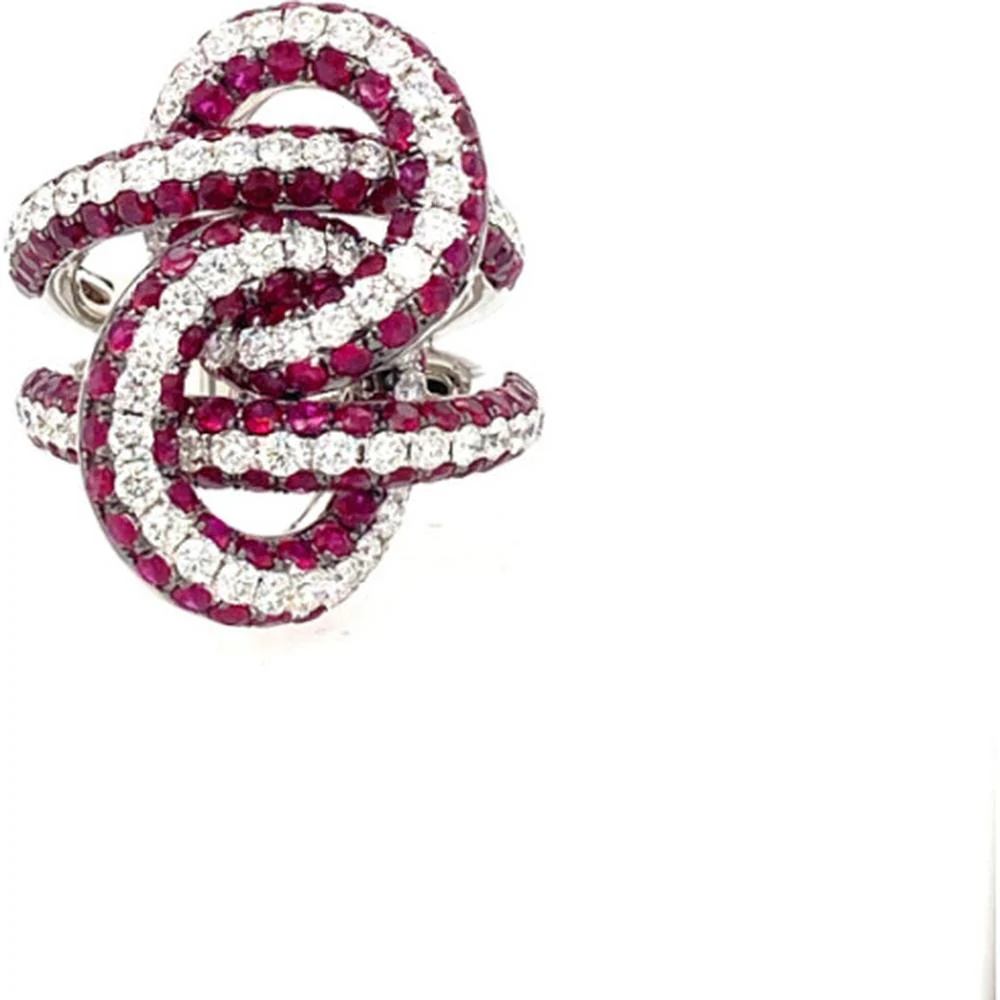 18K White Gold Free-Form Statement Ring with Round Rubies and Round Diamonds by Afarin
