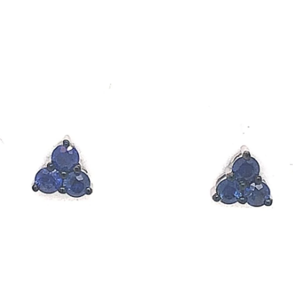18K White Gold Geometric Cluster Stud Earrings with Round Blue Sapphires by Afarin
