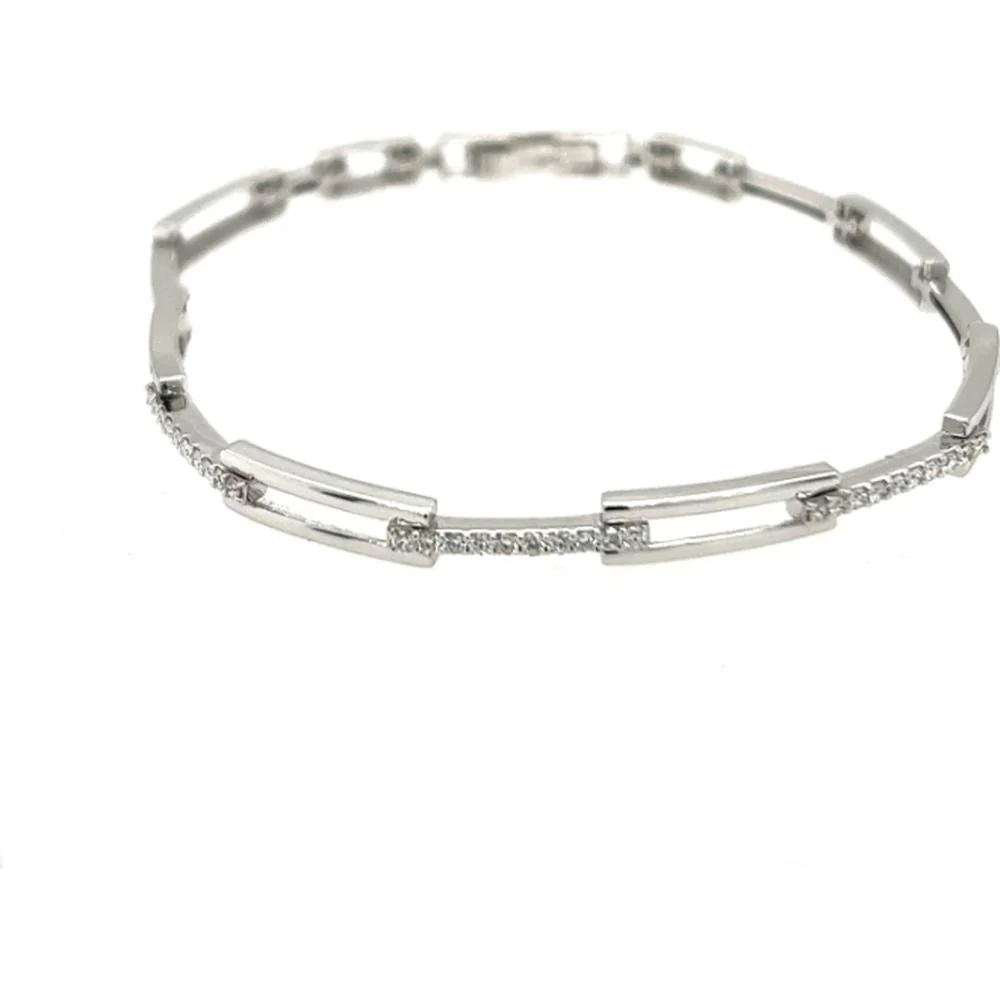 18K White Gold Geometric Diamond Bracelet with Polished Bar Links by Afarin