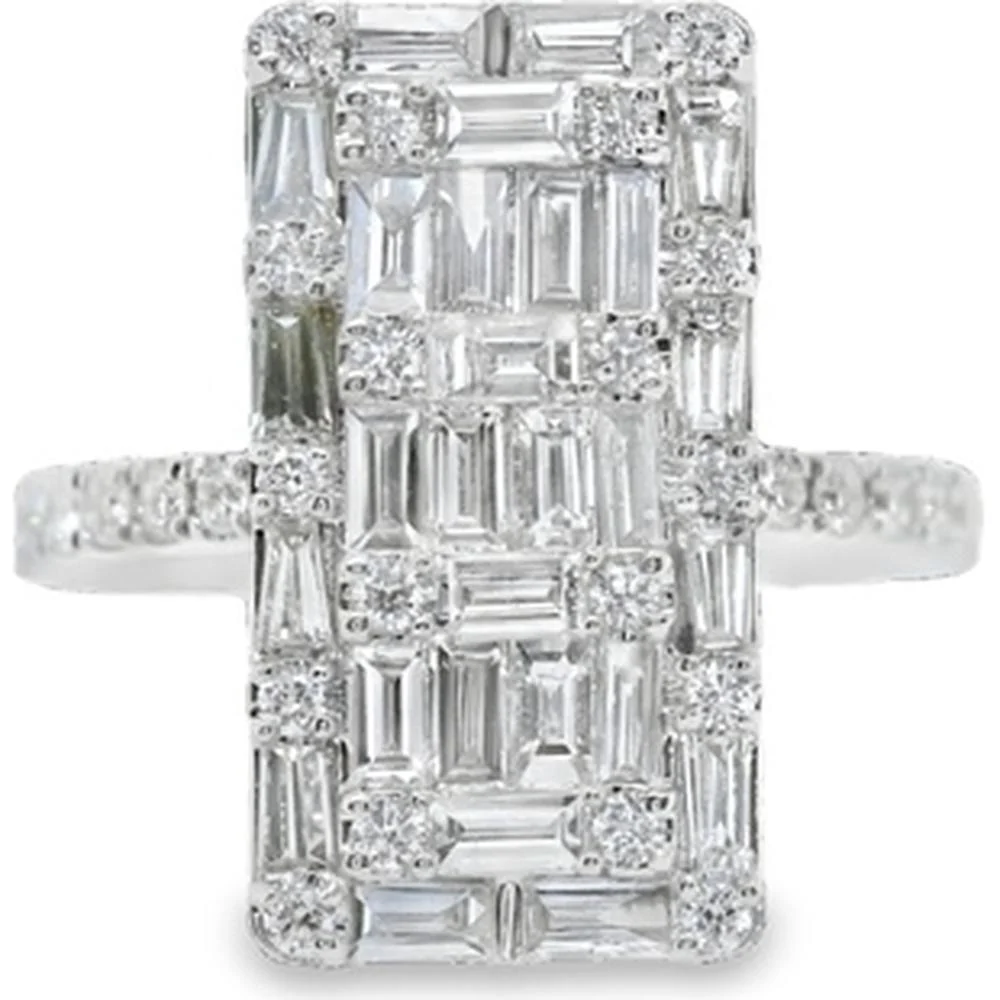 18K White Gold Geometric Diamond Ring with Baguette and Round Diamonds by Afarin