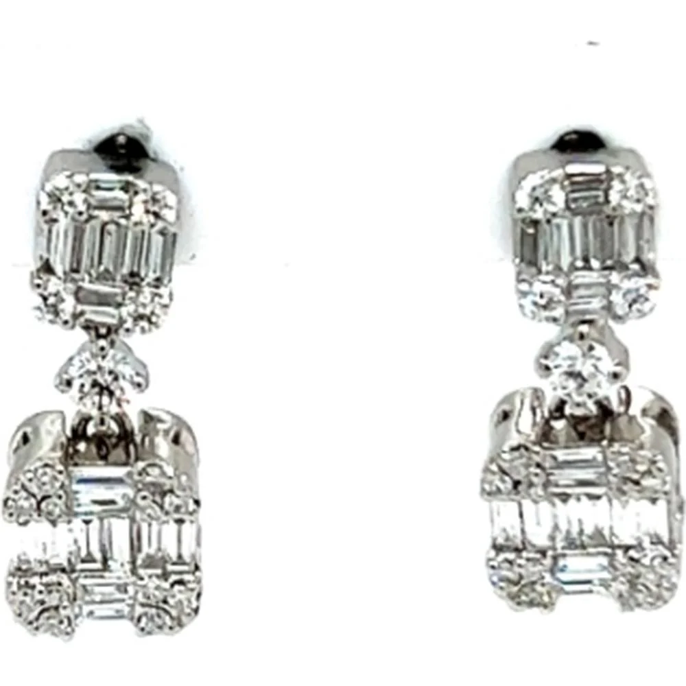 18K White Gold Geometric Drop Earrings with Baguette and Round Diamonds by Afarin