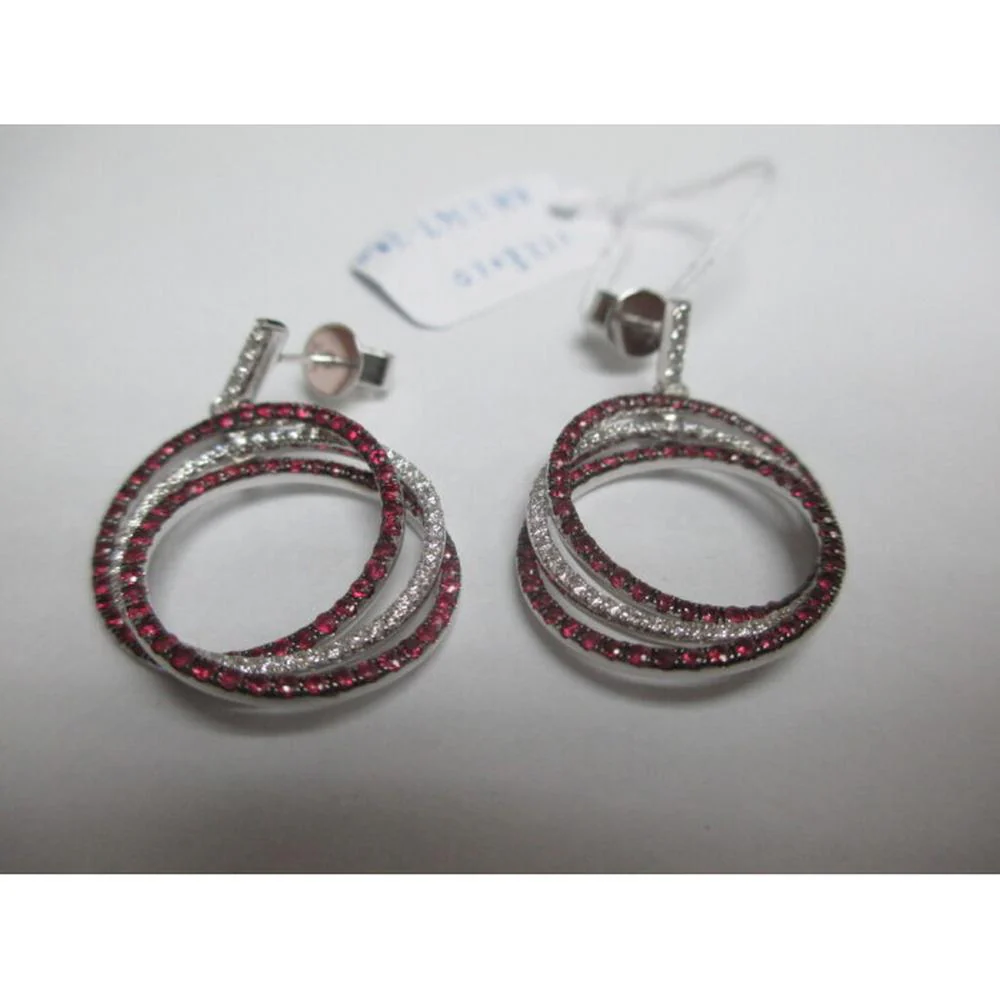 18K White Gold Geometric Drop Earrings with Diamonds and Rubies by Afarin