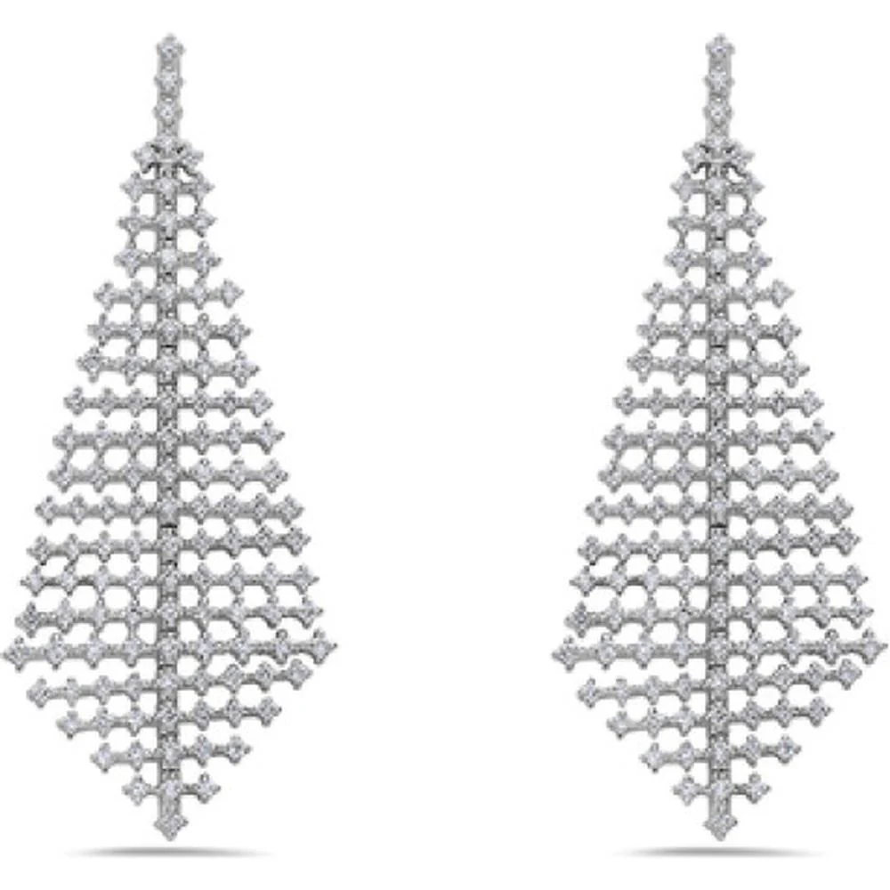 18K White Gold Geometric Drop Earrings with Openwork Diamond Lattice Design by Afarin