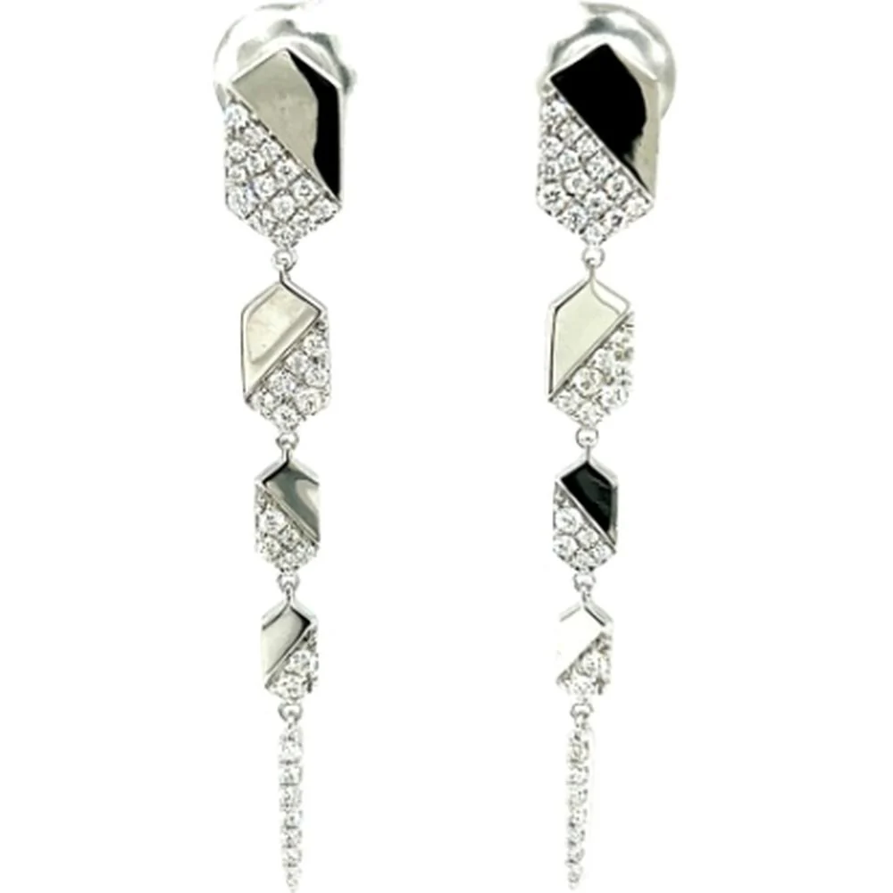 18K White Gold Geometric Drop Earrings with Pavé Diamonds by Afarin