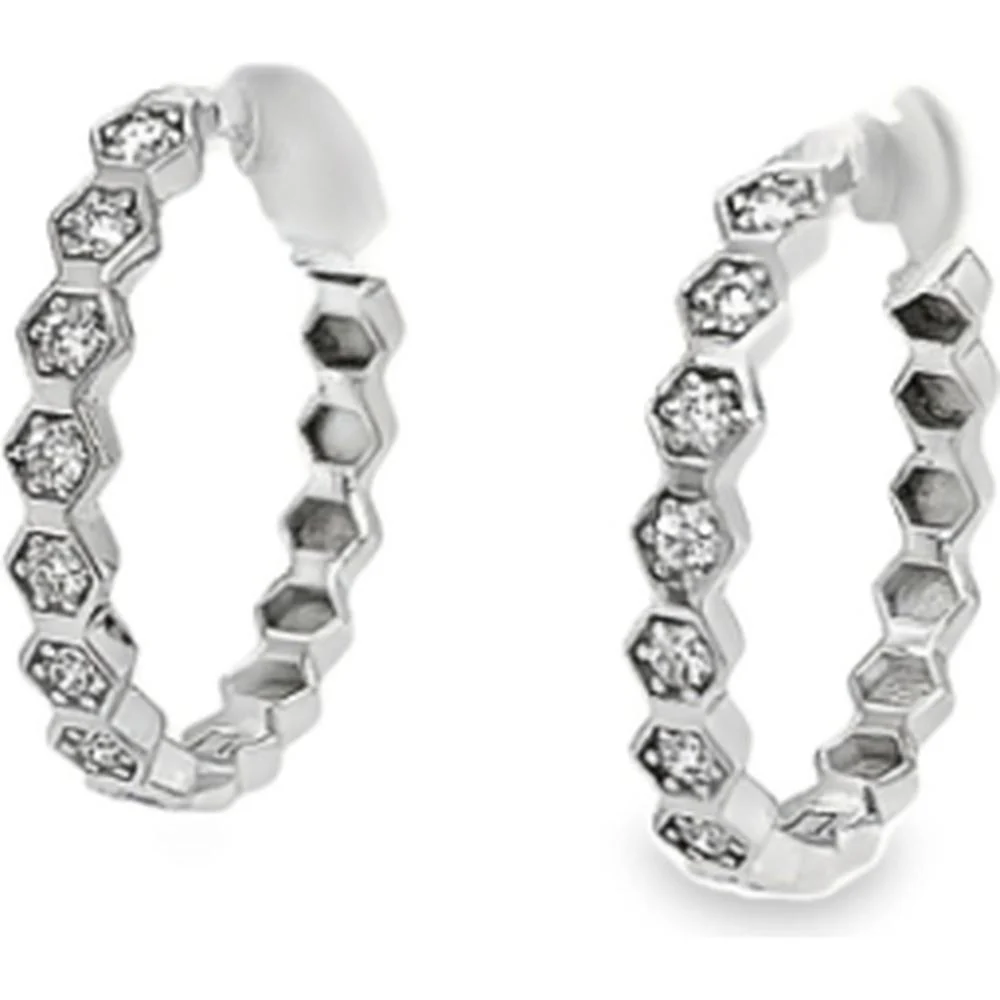 18K White Gold Geometric Huggie Earrings with Round Diamonds by Afarin