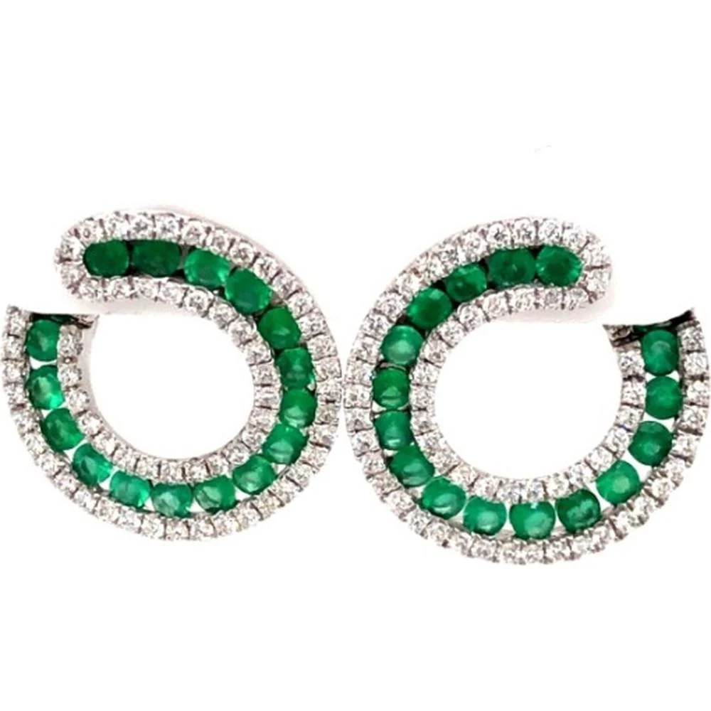 18K White Gold Geometric Open Circle Earrings with Round Emeralds and Round Diamonds by Afarin