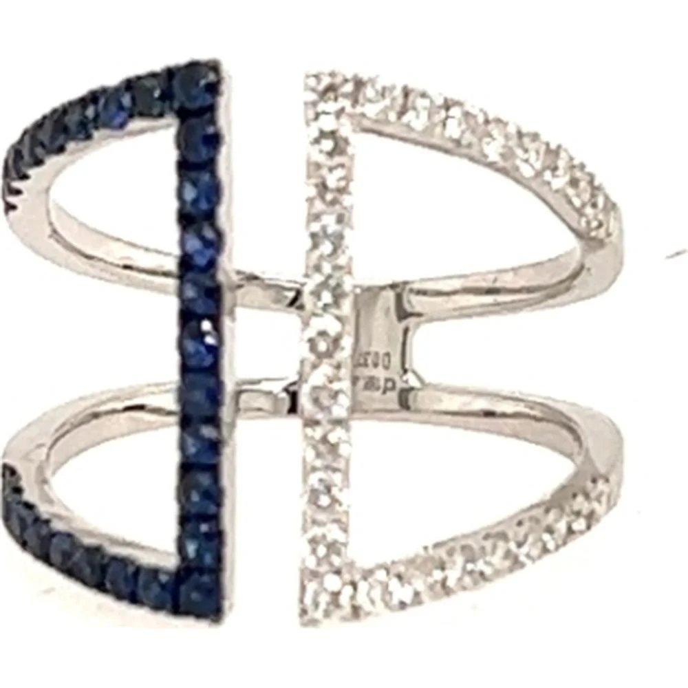18K White Gold Geometric Open Ring with Blue Sapphires and Diamonds by Afarin