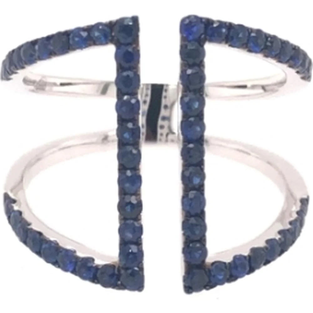 18K White Gold Geometric Open Ring with Round Blue Sapphires by Afarin