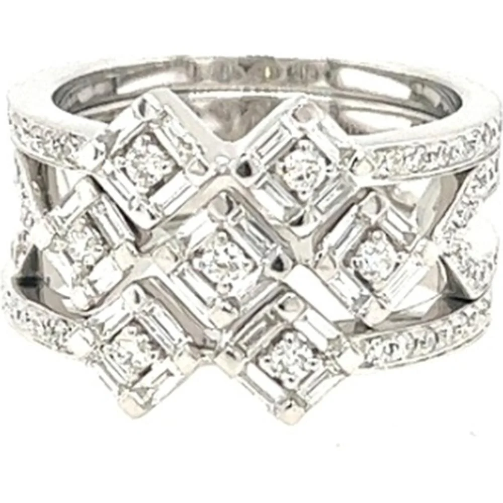 18K White Gold Geometric Openwork Band Ring with Round Diamonds by Afarin
