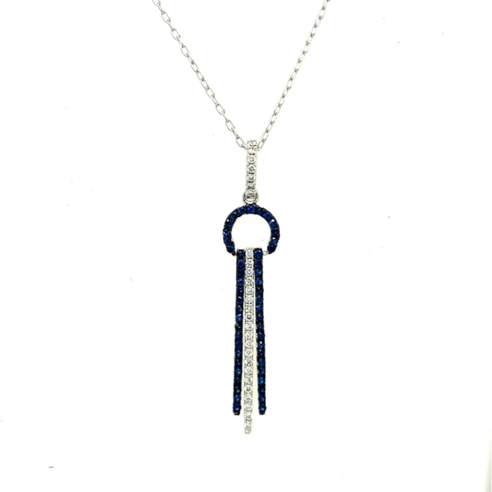 18K White Gold Geometric Pendant Necklace with Blue Sapphires and Diamond Accents by Afarin