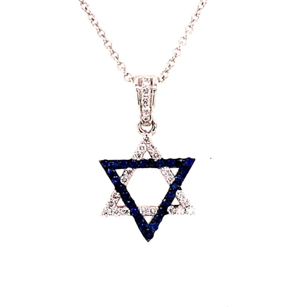 18K White Gold Geometric Star Pendant Necklace with Blue Sapphires and Diamond Accents by Afarin