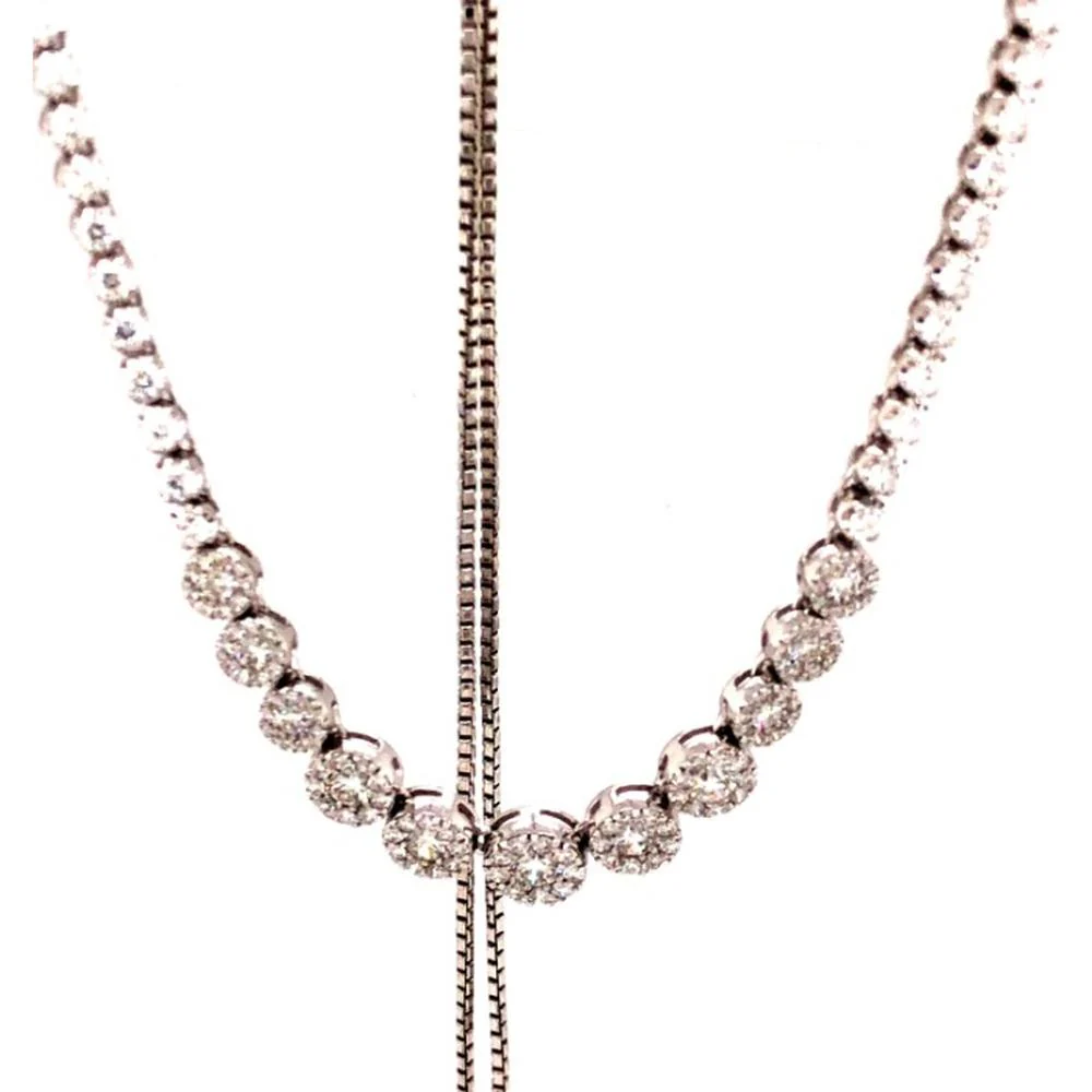 18K White Gold Graduated Round Diamond Station Necklace with Center Drop Detail by Afarin