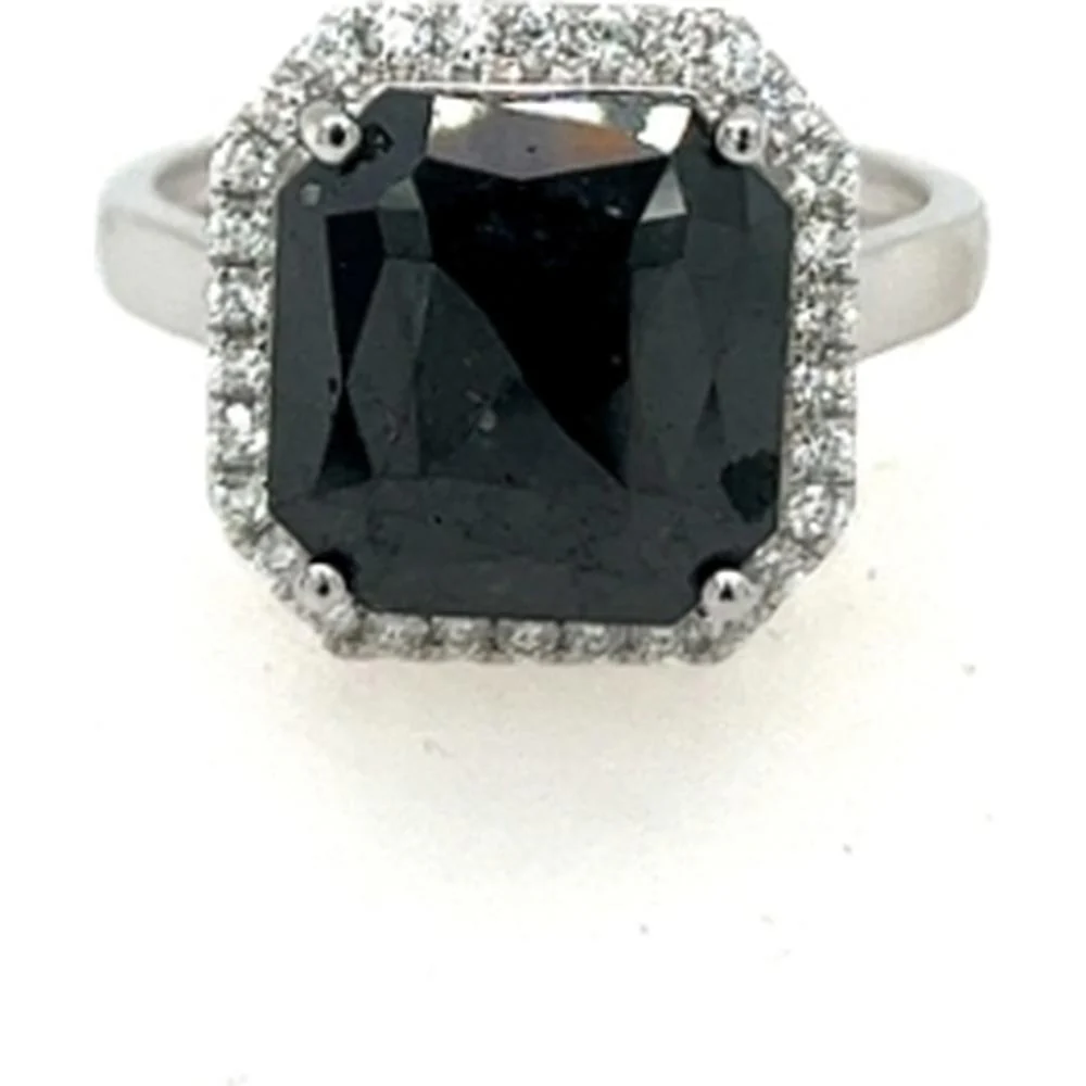 18K White Gold Halo Ring with Cushion-Shaped Black Diamond and White Diamonds by Afarin
