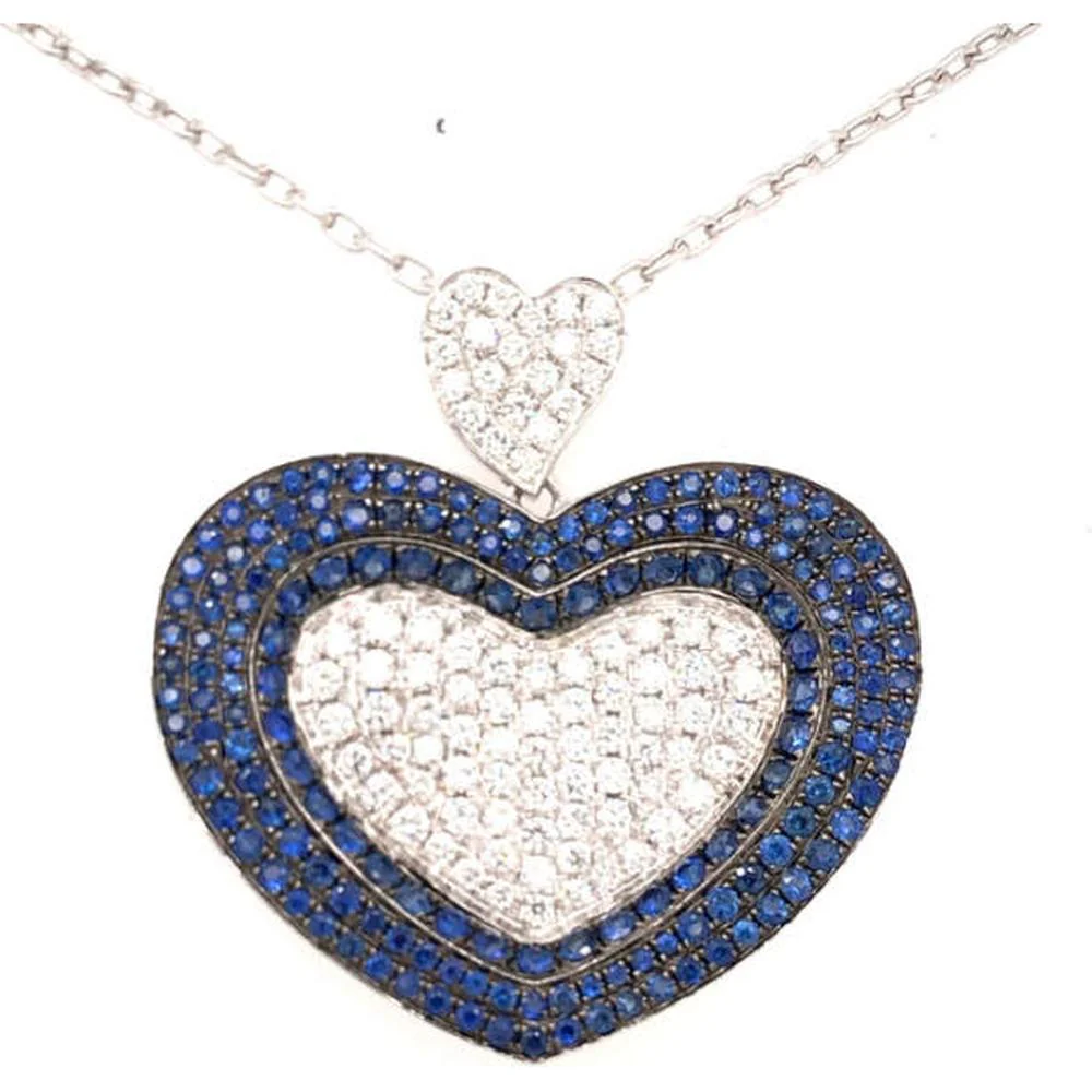 18K White Gold Heart Pendant Necklace with Blue Sapphires and Diamonds by Afarin