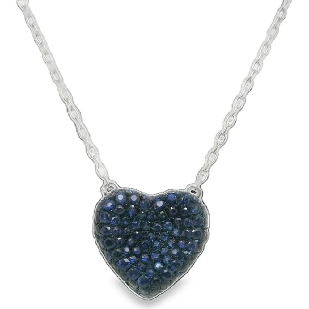 18K White Gold Heart Pendant Necklace with Pavé-Style Round Blue Sapphires by Afarin