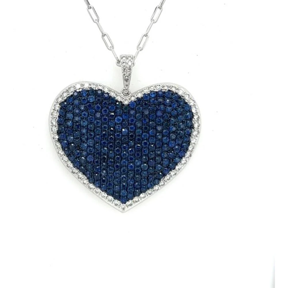 18K White Gold Heart Pendant with Blue Sapphires and Diamond Halo by Afarin