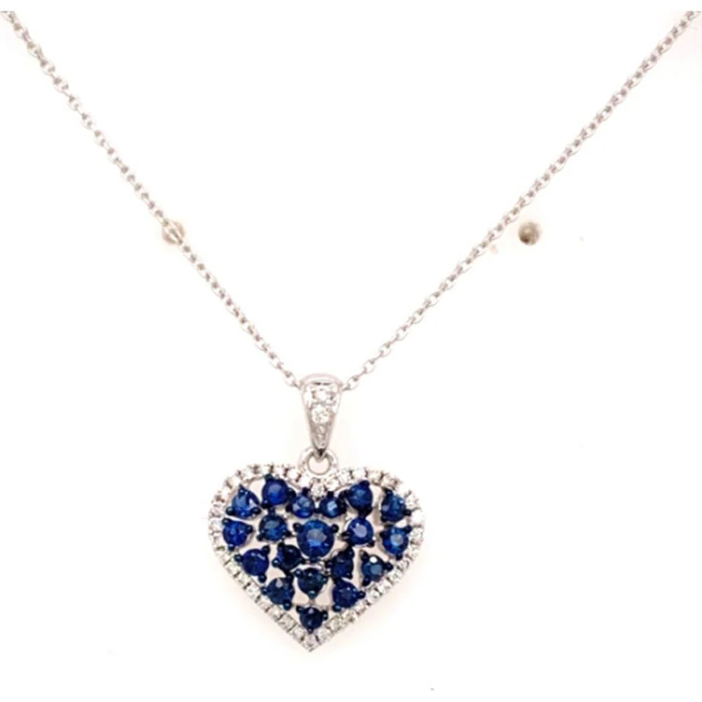 18K White Gold Heart Pendant with Blue Sapphires and Diamond Halo by Afarin