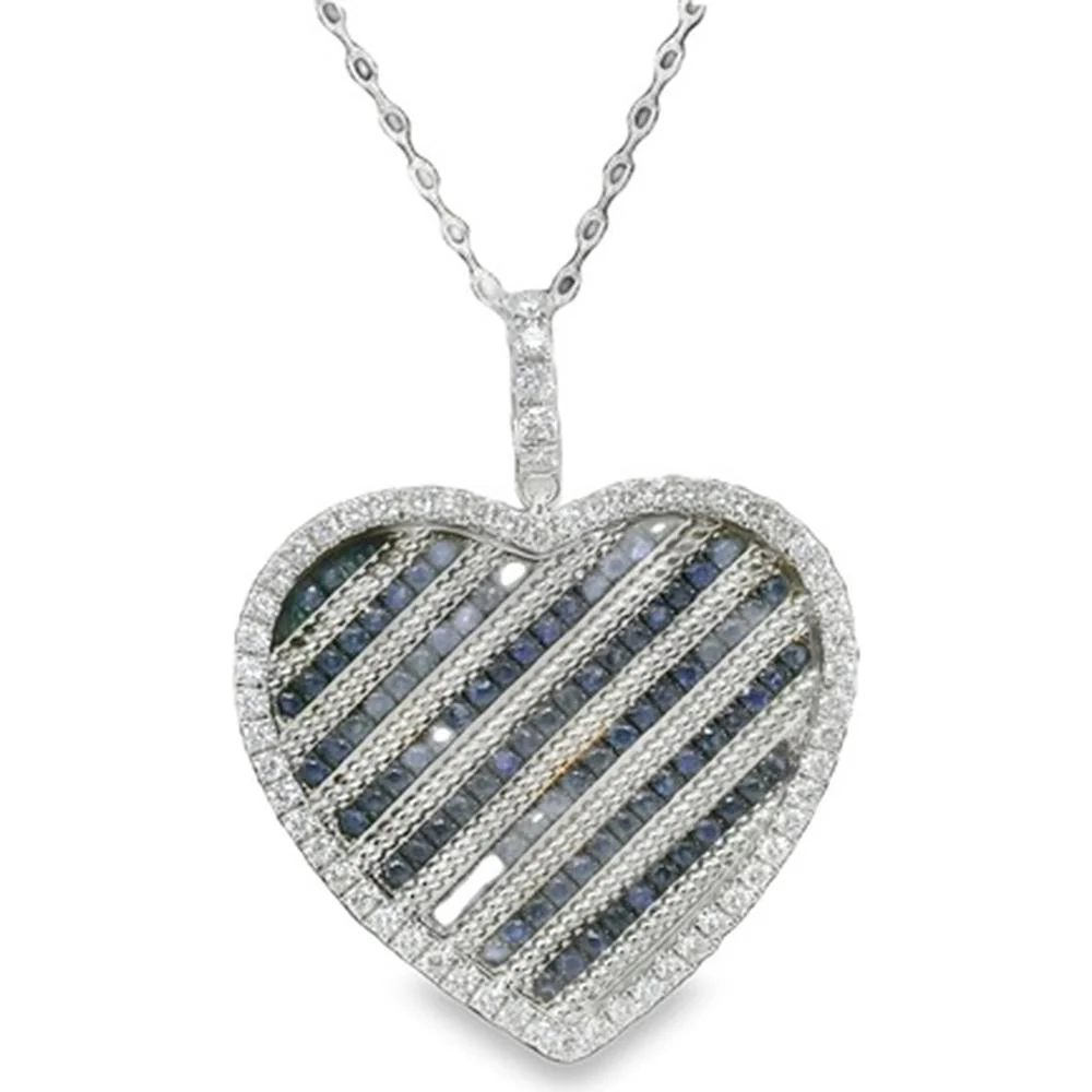 18K White Gold Heart Pendant with Diamonds and Blue Sapphires by Afarin
