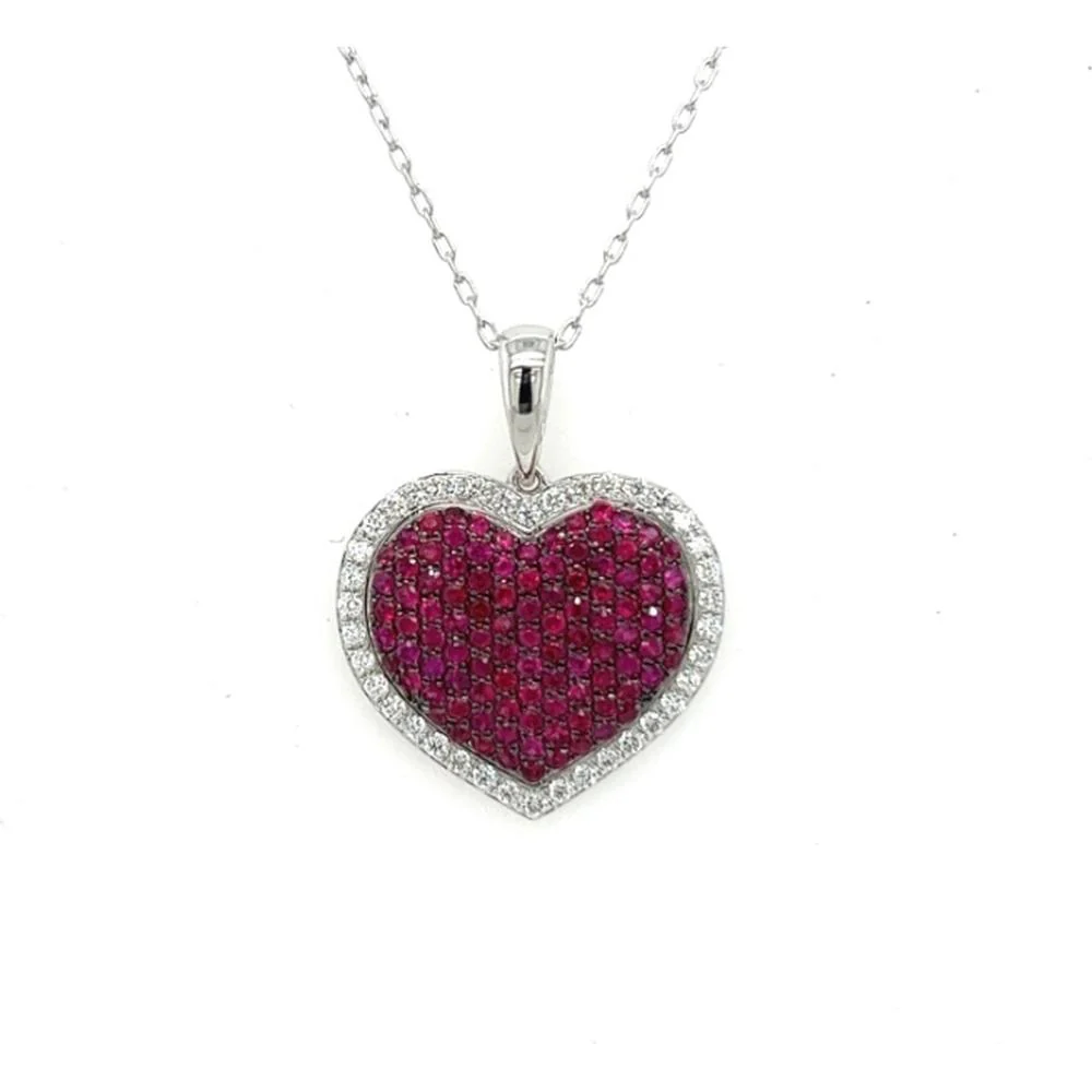 18K White Gold Heart Pendant with Pavé Rubies and Diamond Halo by Afarin