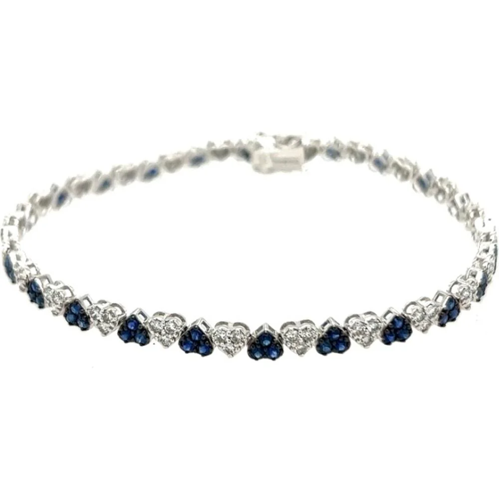18K White Gold Heart Tennis Bracelet with Alternating Blue Sapphires and Diamonds by Afarin