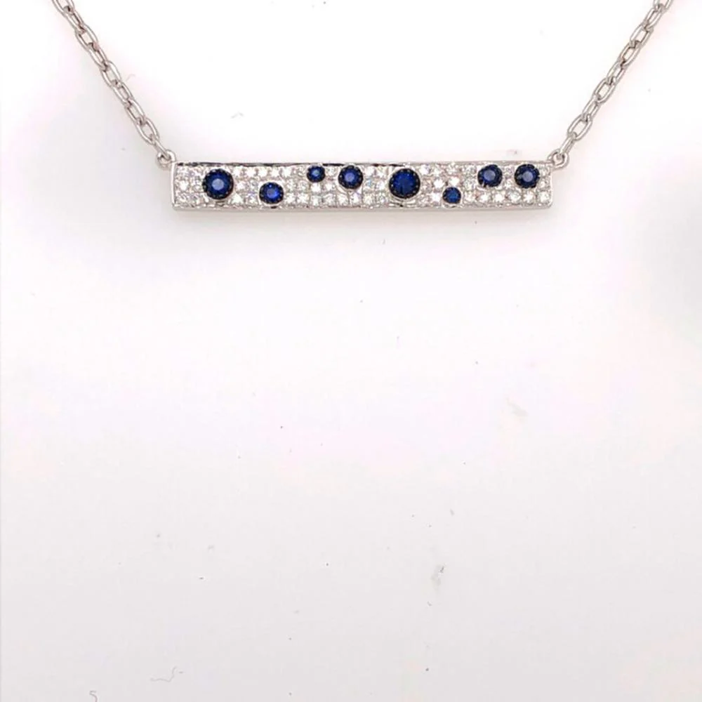 18K White Gold Horizontal Bar Necklace with Blue Sapphires and Diamonds by Afarin