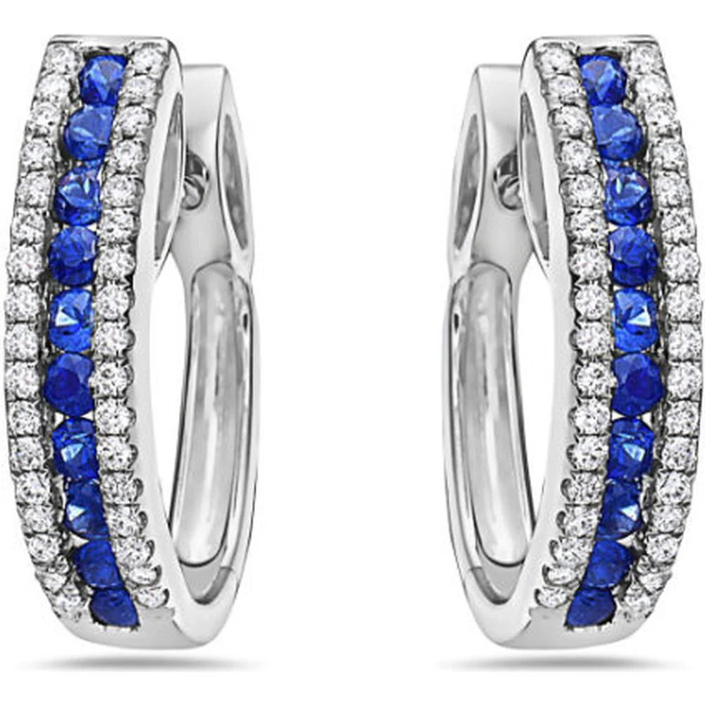 18K White Gold Huggie Earrings with Blue Sapphires and Diamond Borders by Afarin