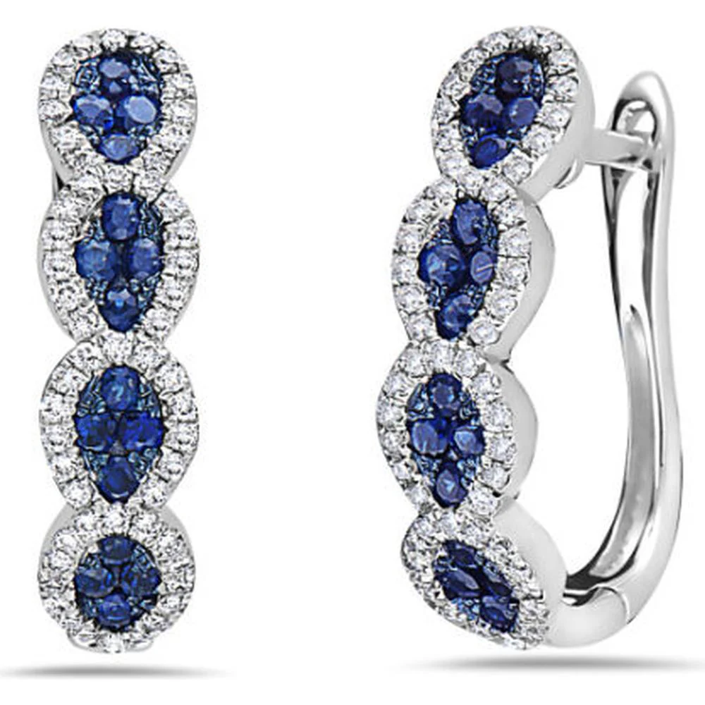 18K White Gold Huggie Earrings with Blue Sapphires and Diamond Halo Accents by Afarin