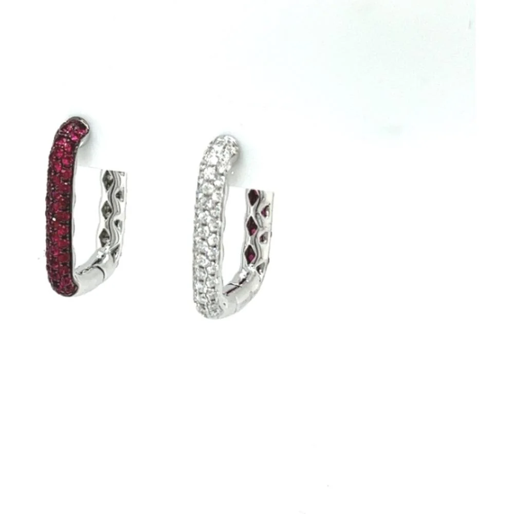 18K White Gold Huggie Earrings with Pavé Rubies and Diamonds by Afarin